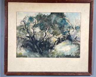 Newbauer Watercolor | Watercolor painting on paper depicting a cool-toned tree scene, signed "Newbauer" lower left; sight 14 x 20 in. - h. 23.5 x w. 27.5 in (frame)