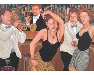JOSEPH RENSAW GICLEE | Jazz Club. 30 x 40 in sight. Giclee on canvas. Signed lower right, numbered “17/100” lower left. -  h. 45.5 x w. 57 in (frame)