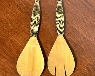 (2pc) PAIR ZEBRA SALAD SERVER | Carved and painted wood salad servers with Zebra-form handles. - l. 11 in
