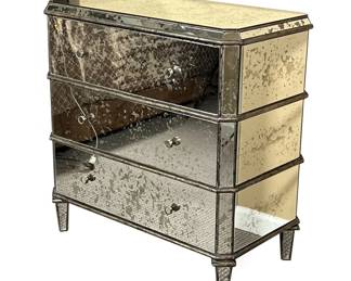 CURREY & CO. MIRRORED CHEST | Antiqued mirrored accent chest designed by Currey & Company, three drawer side table / nightstand accented with subtle horizontal lines between each drawer over tapering legs. - h. 31 x w. 17 x l. 32 in