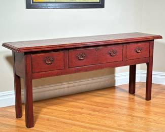 Century Furniture Chinese Style Red Lacquer Console Table | Lacquered style red painted console table / sideboard of nice large size, with three drawers with brass pulls. - h. 32 x w. 17.75 x l. 72 in