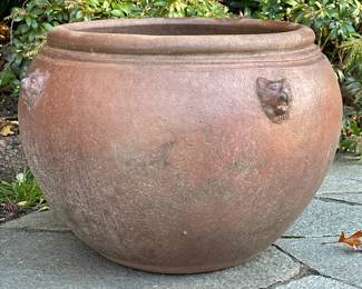 Large Pottery Planter | With lions heads. -  h. 18 x dia. 24 in