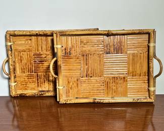 (2pc) PAIR BAMBOO TRAYS | Two small decorative or serving trays with woven bamboo pattern. - w. 9.5 x l. 13.5 in (Each)