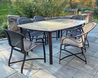 (7pc) BROWN JORDAN PATIO DINING SET | Outdoor furniture dining suite, including six armchairs (h. 34 x 25 x 29 in.) and a glass top table (h. 29 x 80 x 50 in)
