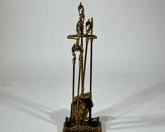 (5pc) ANTIQUE BRASS FIREPLACE TOOL SET | Four tools on a matching stand with scrolling acanthus handles. -  h. 31.25 x w. 6.5 x l. 10 in