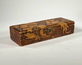 1905 ART NOUVEAU BOX | Hand carved box with floral motif, having a hinged lid; signed on the bottom, "FD J" (?) and dated Dec. 25 1905. - h. 2.5 x w. 4.25 x l. 11.75 in