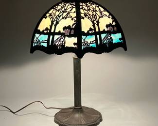 SLAG GLASS TABLE LAMP | Formed brass or other metal over a milky blue / white glass shade with a repeating chinoiserie pattern of a landscape scene. - h. 20.5 x dia. 16 in