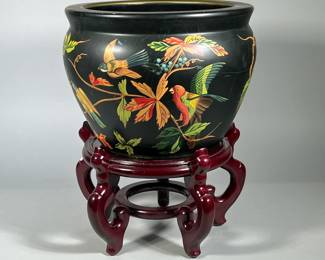 JARDINERE PLANTER | Paint decorated with birds, flowers, and leaves on a conforming wood stand, no apparent markings; planter alone h. 10 in. - h. 17 x dia. 14 in (oerall)