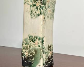 STENCILED POTTERY VASE | Square form vase with glazed stenciled flower decoration, with impressed stamp mark to lower edge. -  h. 8.75 x w. 3 in