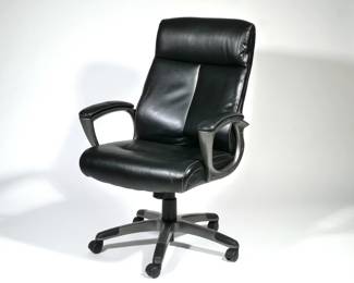 BLACK LEATHER OFFICE CHAIR | Padded faux leather seat with armrests. - h. 42 x w. 27 x d. 30 in