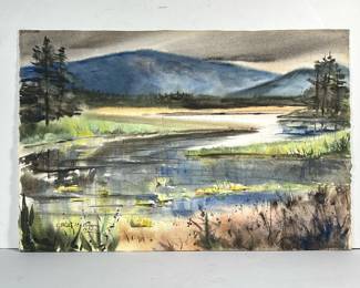 ETHEL H. BLUM WATERCOLOR | Inlet, Somesville
Mountainous landscape, watercolor on Arches paper. Signed lower left and dated 1930 - h. 15 x 22.5 in. sheet