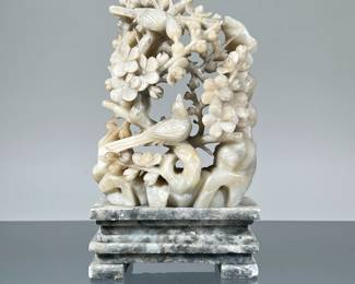 CHINESE SOAPSTONE CARVING | Pale openwork soapstone carving depicting birds among flowering branches atop a pedestal. - h. 7 x w. 4 x d. 2 in