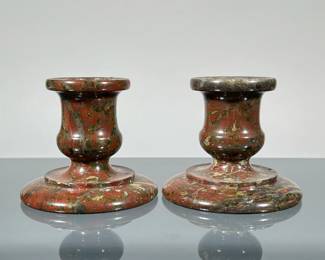 PAIR STONE CANDLESTICKS | Carved/turned candlesticks in a deep red variegated marble or other stone. -  h. 2.5 x dia. 3 in