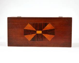 ANTIQUE INLAID WOOD BOX | Having a hinged lid with parquetry inlay with contrasting woods, with two layered pink velvet lined interior. -  w. 5.75 x l. 12.5 in