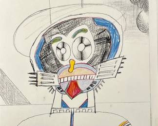 MANNER OF SAUL STEINBERG | Lithograph and possibly pencil / colored pencil on paper, with art on both sides, one side showing a colorful astronaut with cursive writing, the other side showing a figure in a hat. - h. 15 x w. 11 in (sheet)