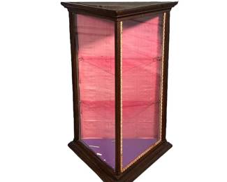TRIANGULAR ANTIQUE TABLETOP DISPLAY CABINET | Of unusual form, having three interior shelves and with wire for hanging earrings; ideal for jewelry or small objects. - h. 29 x w. 22 x d. 19 in