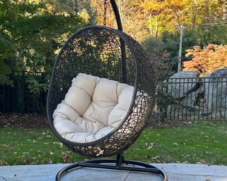 Outdoor Hanging “egg” Chair | Swing outdoor patio lounge chair having a woven frame with tufted seat cushion. - h. 69 x w. 39 x l. 39 in