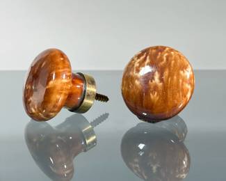 (2pc) GLAZED CERAMIC PULLS | Screw-type knobs or drawer pulls, mottled brown glaze in a faux-tortoiseshell style, with brass hardware. - dia. 1.75 in