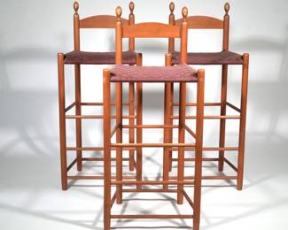 (3pc) TURNED & WOVEN STOOLS | Turned wood stools with curved back and woven cotton seats. - h. 43 x w. 14.5 x l. 18.5 in