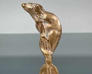 BRASS LETTER OPENER | Victorian era (or style) brass letter opener in the form of a rat perched upon the stem of a feather or leaf; no apparent markings. -  l. 8.25 in