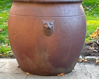 Large Pottery Planter | With lions heads. -  h. 25 x dia. 24 in