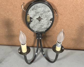 PAIR VENETIAN MIRRORED SCONCES | Retailed by Visual Comfort, New York: a pair of Venetian style two-light wall sconces with mottled mirrored oval backs with star device; h. 15-1/2 x w. 9-1/2 in. (each)