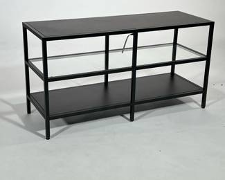 CONTEMPORARY MEDIA STAND | Black metal TV stand having a dark faux wood top and lower shelf with a medial glass shelf. - h. 21 x l. 39.5 x d. 14 in