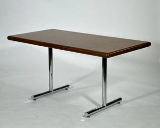 Retro Steelcase Work Table | Chrome base with rectangular wood laminate top. - h. 30 x w. 30 x l. 60 in