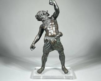 POMPEII BRONZE GREEK CLASSICAL FIGURE | Silenus, Greek God of Wine bronze over composition. After the Roman original excavated at Pompeii on 2nd May 1864, which is now housed in the Museo. Archeologico Nazionale, Naples, Italy; a "grand tour" bronze acrylic base. -  h. 19 in (bronze only)