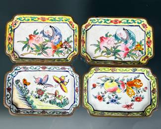 (4pc) CHINESE ENAMELED DISHES | Shaped enameled porcelain dishes decorated en famille rose, including a pair of dishes depicting a man with figs, one dish with butterflies in a landscape, and one with fruit and flowers. - h. 2.5 x w. 3.75 in (each)