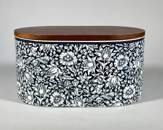 WILLIAM SONOMA X MORRIS & CO. BREAD BOX | Ceramic bread box decorated with botanical motif, gilt rim, and acacia wood lid. - h. 7.5” x w. 9 x l. 14 in