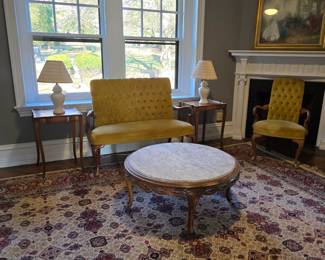 Cocktail Table $95, Settee $175, End Tables $25 each, lamps $15each