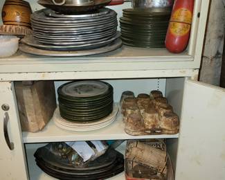 Pewter, pottery, dishes