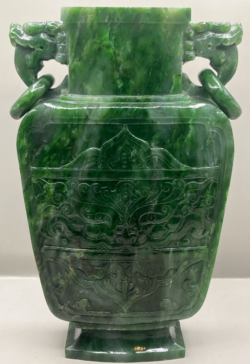 Vintage Large Chinese Carved Spinach Jade Flattened Baluster Vase
