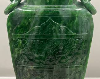 Vintage Large Chinese Carved Spinach Jade Flattened Baluster Vase