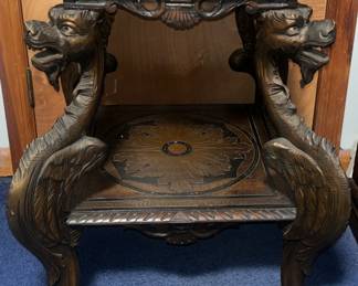 RARE Vintage Wooden Carved Dragon Mother Of Pearl Inlaid 2-tier Table
