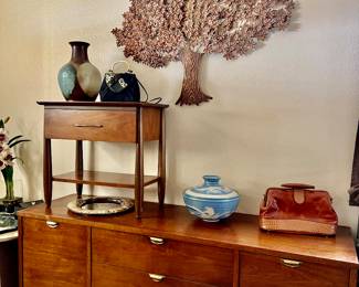 Basset dresser, metal tree wall art, art studio pottery with lid, vintage purses