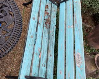 #136 Wood Teal Painted Bench w/cast iron Legs and Sides - 26" L $75.00