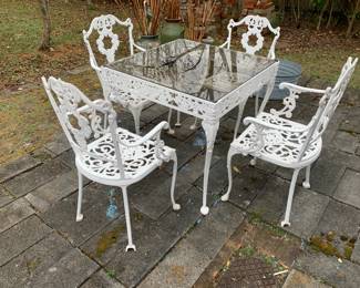 #157 White Painted Aluminum Table w/glass top and 4 chairs - 31x29 $100.00
YOU MOVE...