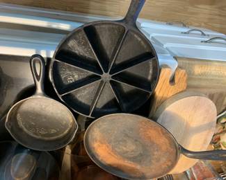 #67 Set of 3 Cast Iron skillets - Cornbread, Flat Skillet and small Skillet $25.00