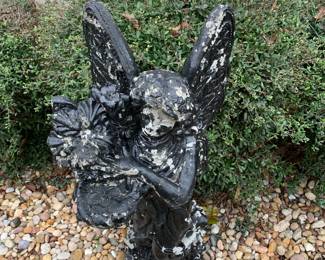 #152 Concrete Black Painted Angel holding a flower - 34" Tall $40.00
