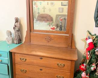 #46 Oak Dresser w/3 drawers & Beveled Mirror on wheels - 40x18x33 Mirror - 39x45 $175.00