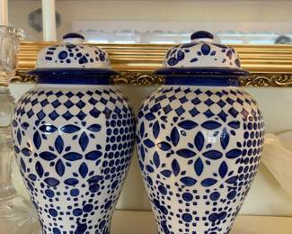 #31 Pair of 2 Blue & White Ginger Jar Vases w/tops - 10" Tall $25.00