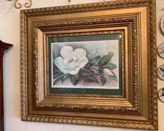 #20 Signed Print of Magnolia by Mary E Davis 249/950 - 35x31 in Heavy Gold Frame - "Ivory Pedals" $125.00