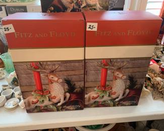 #212 Fitz & Floyd Reindeer Candle Holders - pair of 2 Both Sitting - 2 boxes $50.00