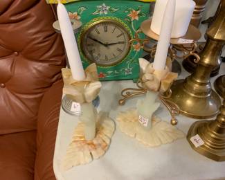 #250 Pair of 2 Stone Candle holders w/leaf Design Base $25.00