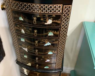 #59 Asian Jewelry Armoire w/2 flip-open side Doors & Flip-up Top w/mirror - 17x14x42 $100.00