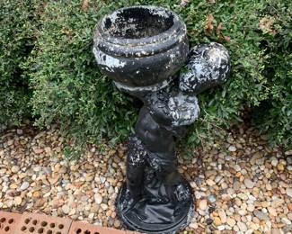 #149 Black Painted Cherub Holding Planter Concrete - 29" Tall $75.00