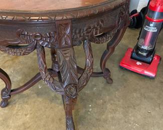 #228 Misc - LR Carved Wood Base w/ round wood top End Table - 30x28 not at house at this house $150.00