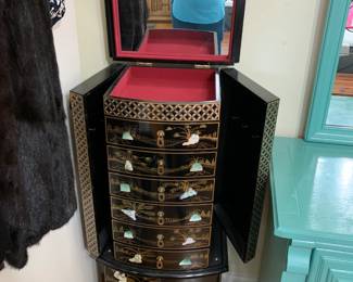 #59 Asian Jewelry Armoire w/2 flip-open side Doors & Flip-up Top w/mirror - 17x14x42 $100.00